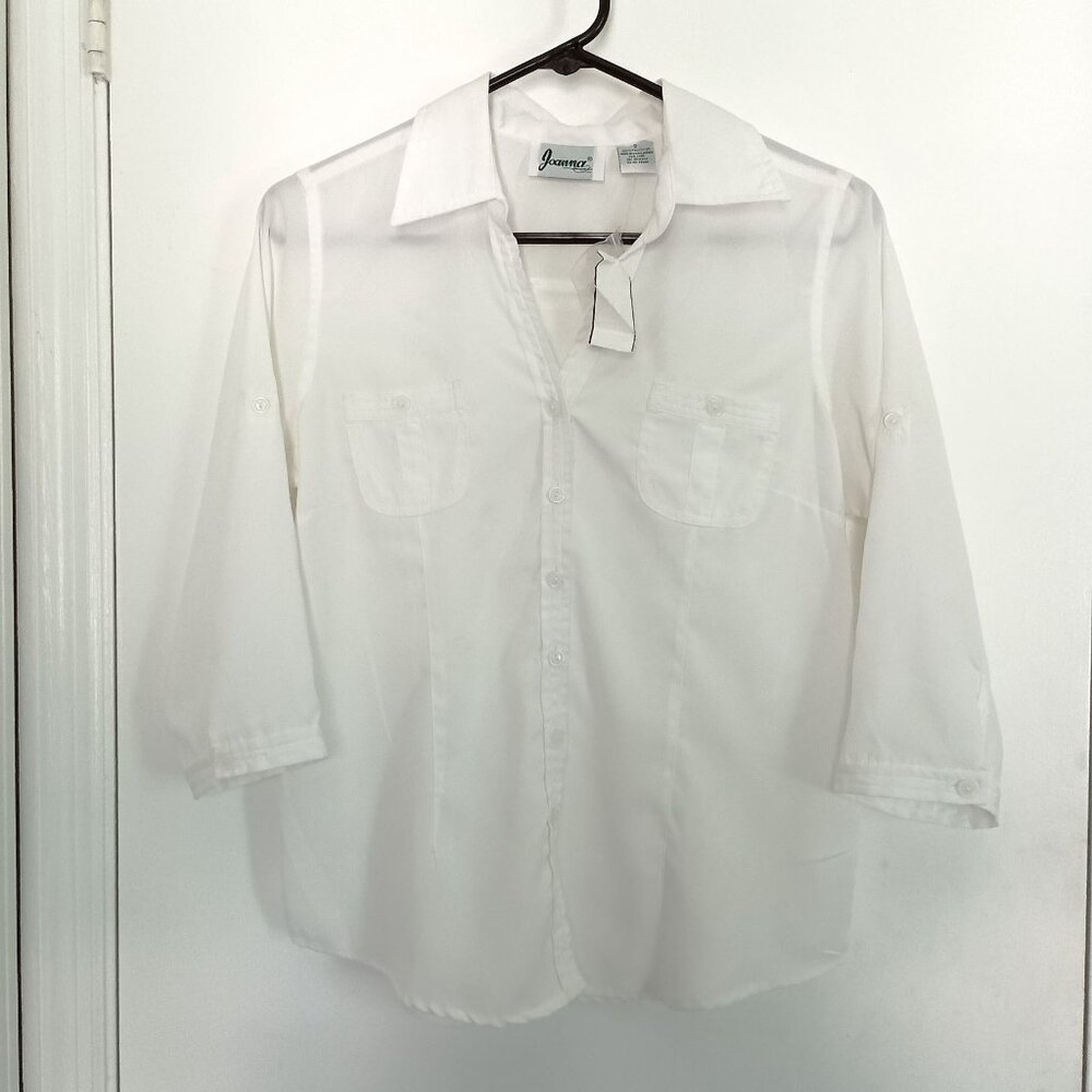 NWT womens basic white collared 3/4 sleeve tab sleeve button down blouse size S